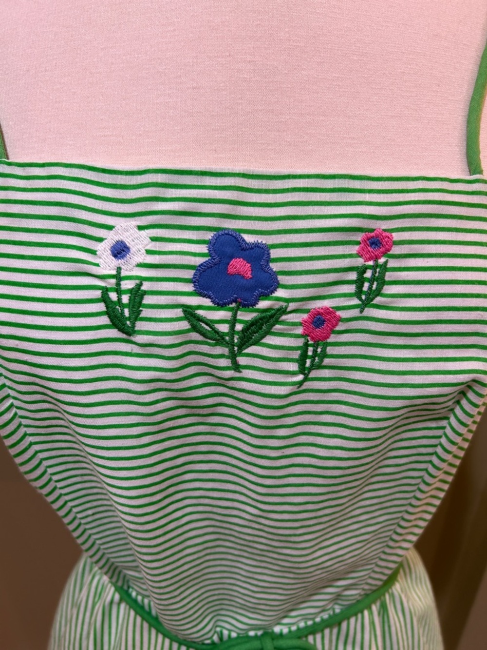 Vintage 70s 80s Green Striped Sundress Floral Embroidered Cottagecore M - Picture 3 of 10